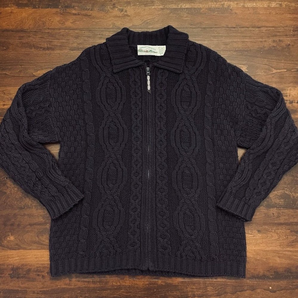 Aran Crafts Ireland Merino Wool Sweater Full Zip Up Cable Knit Cozy Purple Sz XL